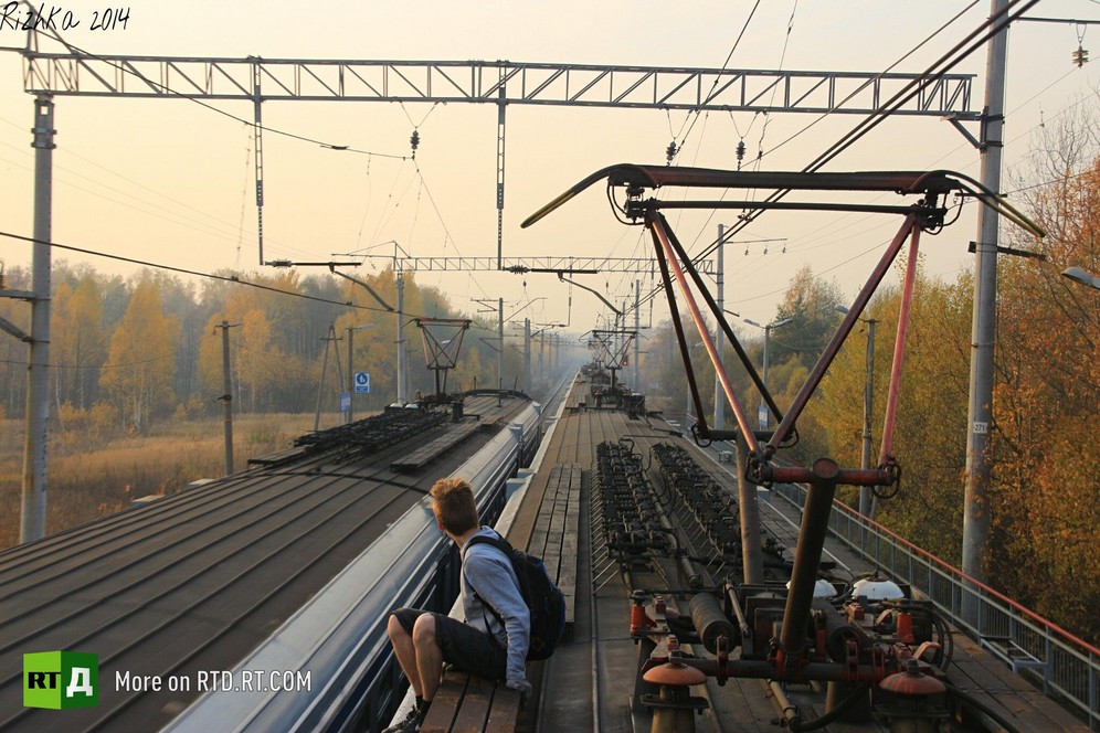 Train surfing in Russia 